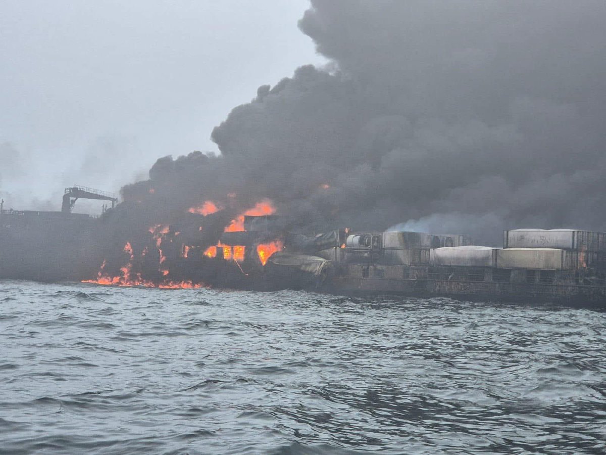 sentdefender's tweet image. The U.S-flagged oil tanker, M/T Stena Immaculate was struck this morning by the Portuguese-flagged cargo vessel, M/V Solong while at anchor off the coast of the U.K. in the North Sea, resulting in a massive fire which has now engulfed the Stena Immaculate. The crew of the vessel…