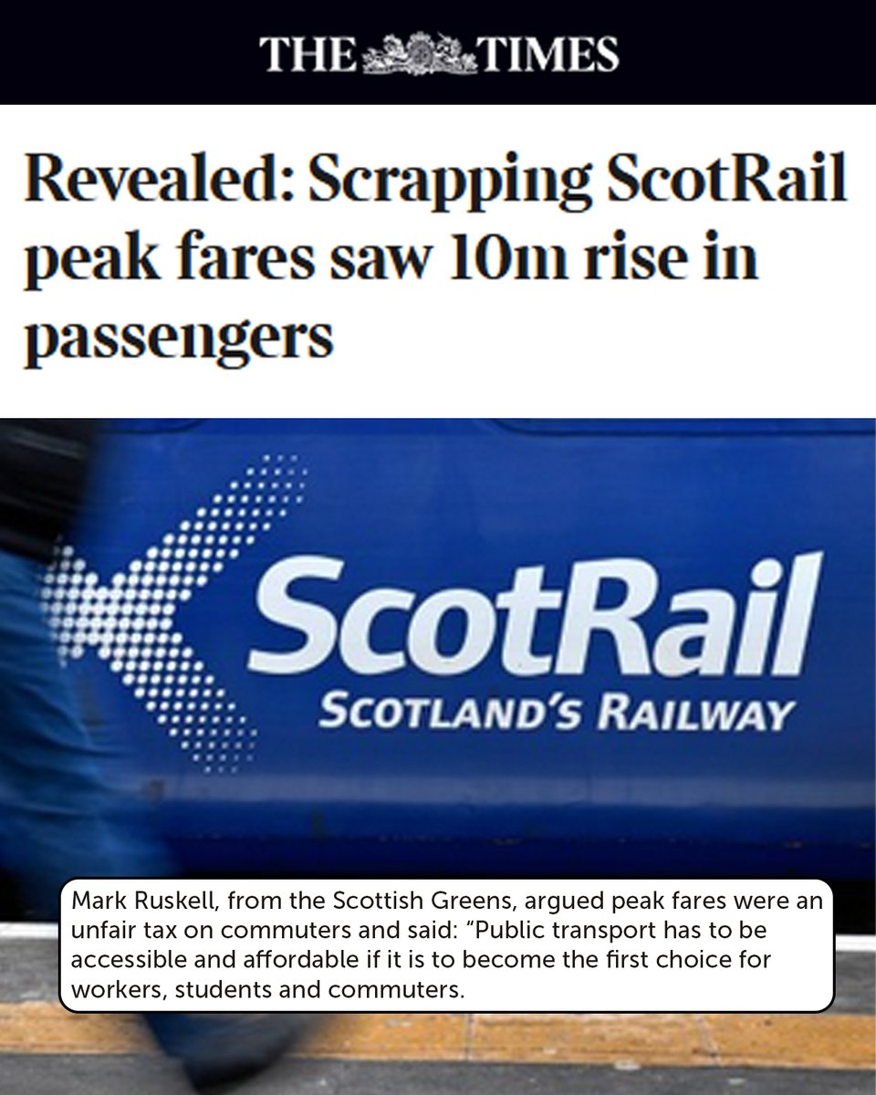 Peak time rail fares are unfair.

🟢Scottish Greens scrapped peak fares, which saved workers money and saw 10 million extra journeys taken on ScotRail services.

🟡The SNP brought back peak times and now plan to hike rail fares. Scottish commuters deserve better.