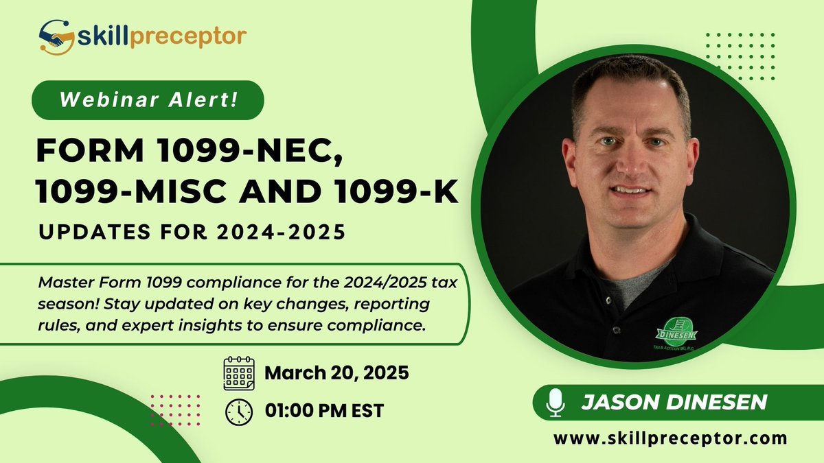 SkillPreceptor's tweet photo. Stay Tax-Ready! Master 1099 Compliance for 2024/2025 – Updates, Reporting, &amp; Expert Insights Simplified! 

🔗 Register now! [ https://t.co/TWRAd1zWar ]

#Taxation #Finance #TaxCompliance #IRS #Form1099 #1099NEC #1099MISC #TaxSeason #BusinessTaxes #StayCompliant #FinanceExperts https://t.co/WZwlbW7vMM