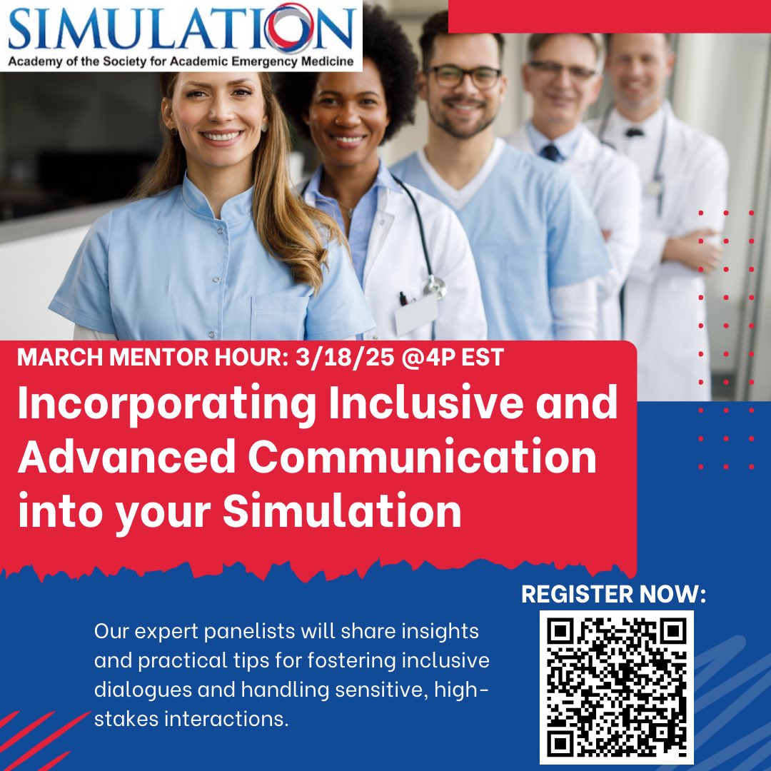 SAEMSimAcademy's tweet image. Join us for our next Mentor Hour! Our panelists will share their knowledge and experience on fostering inclusive dialogues, along with practical tools and tips for handling sensitive and high-stakes interactions in your scenarios. Register using the QR code! #simacademy