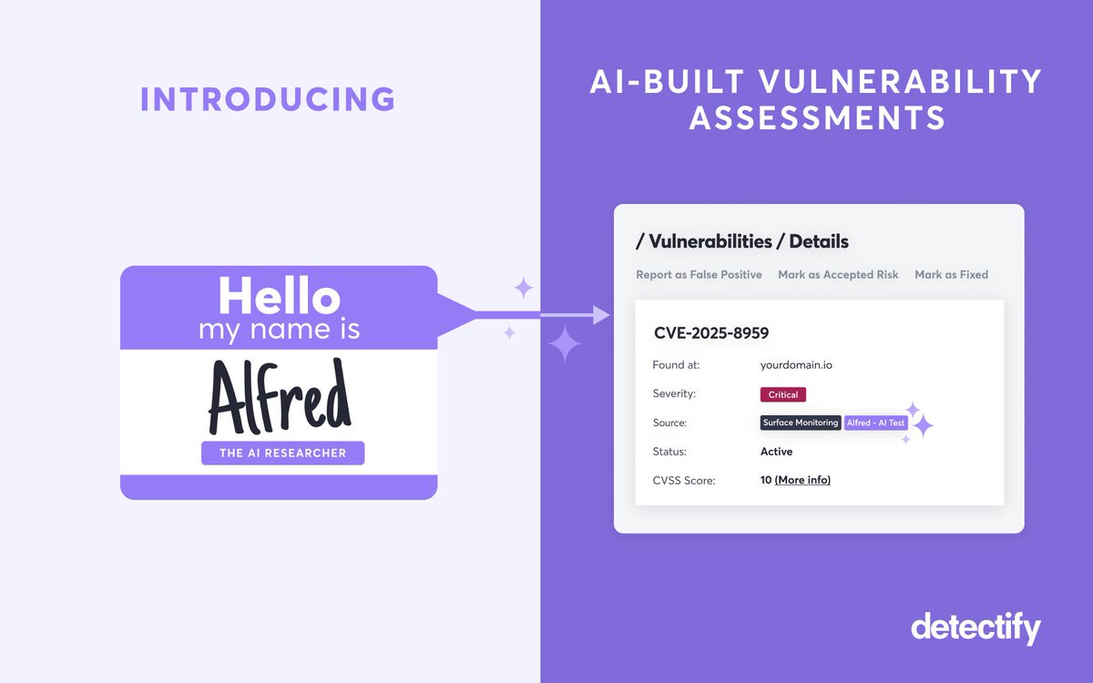 detectify's tweet image. ✨ Say hi to Alfred, a revolutionary system that uses AI to completely autonomously collect and prioritize threat intelligence and generate high-fidelity payload-based security tests for likely exploitable vulnerabilities. blog.detectify.com/product-update…