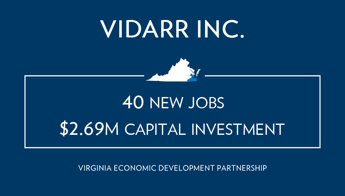 ViDARR Inc., a manufacturer of defense optical equipment, will invest $2.69 million over the next three years to open a new manufacturing facility in the <a href="/CityofVaBeach/">Virginia Beach</a>, creating 40 new jobs. VEDP worked with <a href="/vbecondev/">Virginia Beach Economic Development</a> and <a href="/HRVA_Alliance/">Hampton Roads Alliance</a>  on the project. hubs.ly/Q039ZPv30