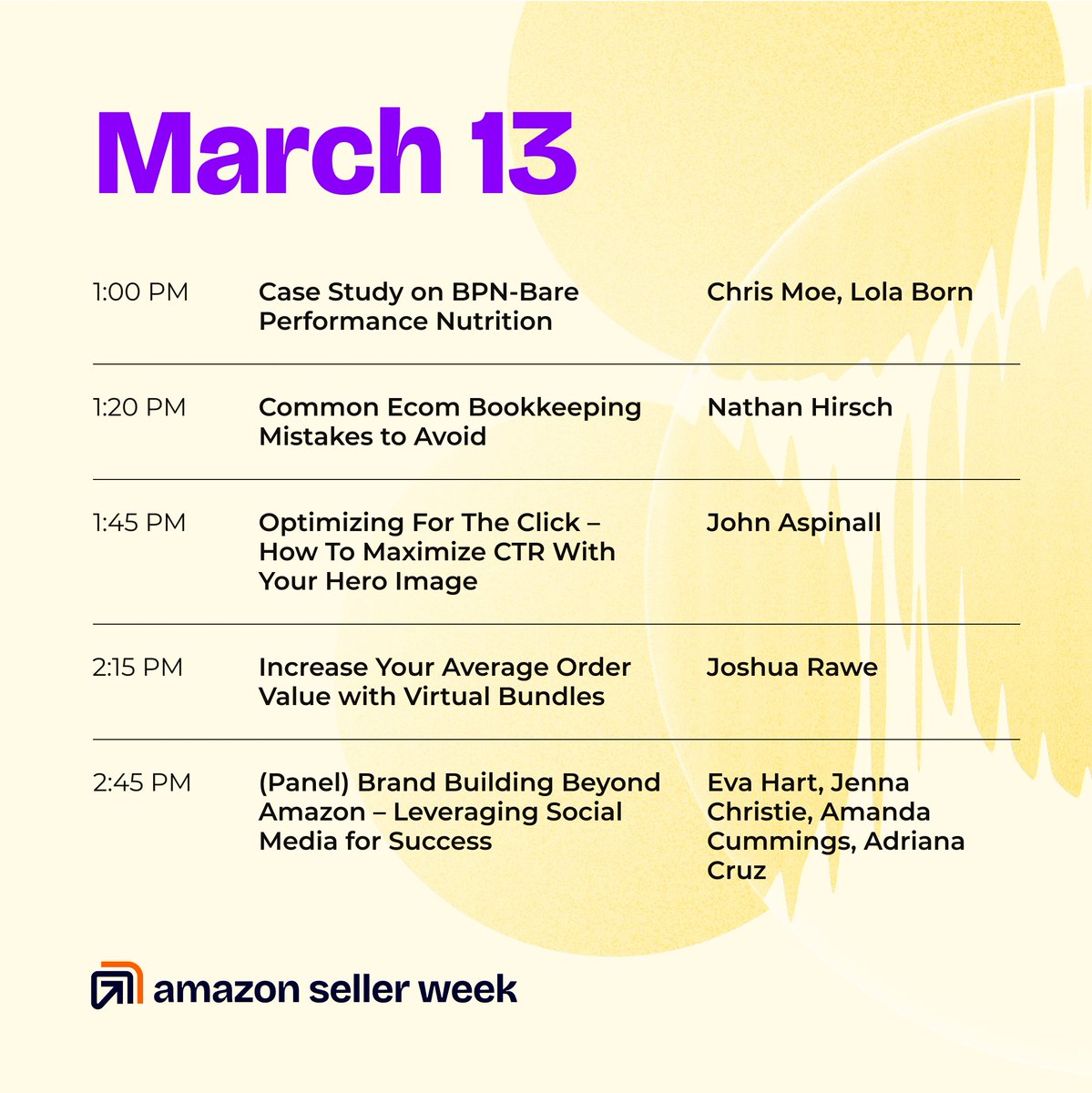 Day four of Amazon Seller Week and these industry experts are sure to be bringing their Amazon A-Game. We’re thrilled to welcome this crew of trailblazers to the stage today.