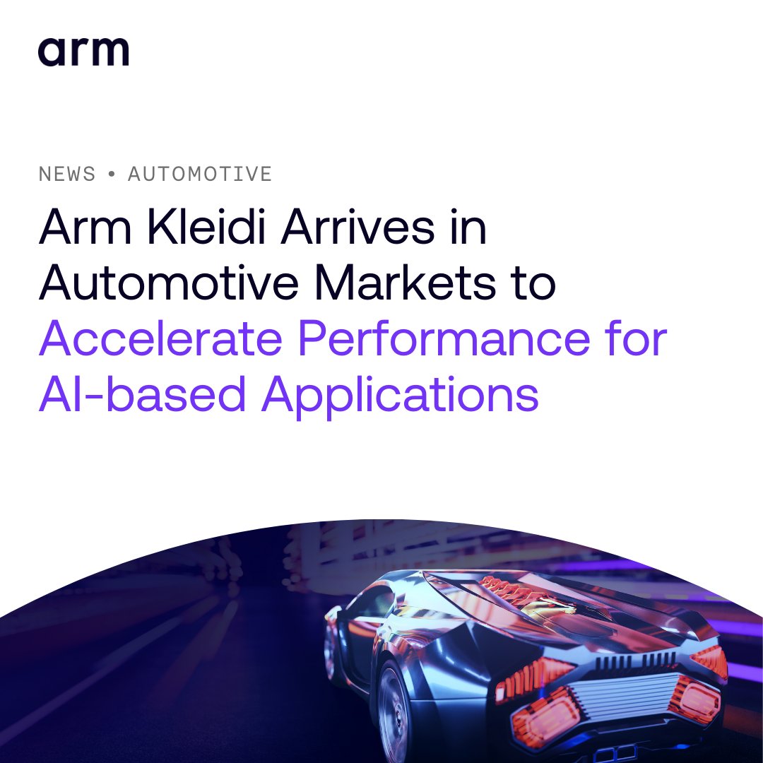Arm's tweet image. 🚘 Arm Kleidi has arrived in automotive!

Designed to deliver performance optimizations for AI inference workloads running on Arm CPUs, it&apos;s driving faster response times &amp;amp; accelerating time-to-market across new applications for software-defined vehicles: okt.to/vbrP9V