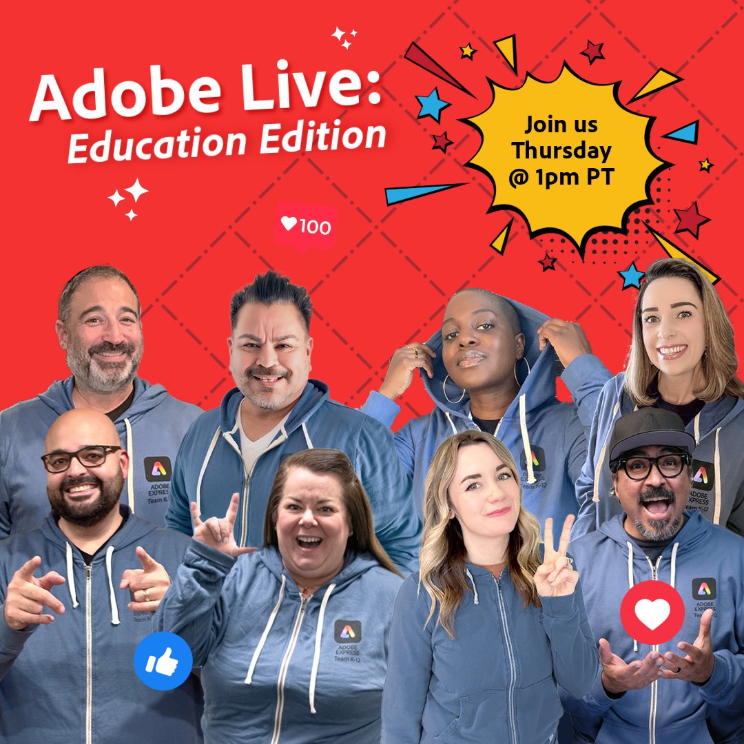 Hey teachers! 👋 Looking for fresh creative ideas for your classroom?

Join Adobe Live: Education Edition every other Thursday at 1pm PT for a fun, interactive session!

🔗 Sign up adobe.ly/AdobeLiveEdu 

#AdobeLive #AdobeLiveEdu #AdobeEduCreative #AdobeforEdu <a href="/AdobeForEdu/">Adobe For Education</a>