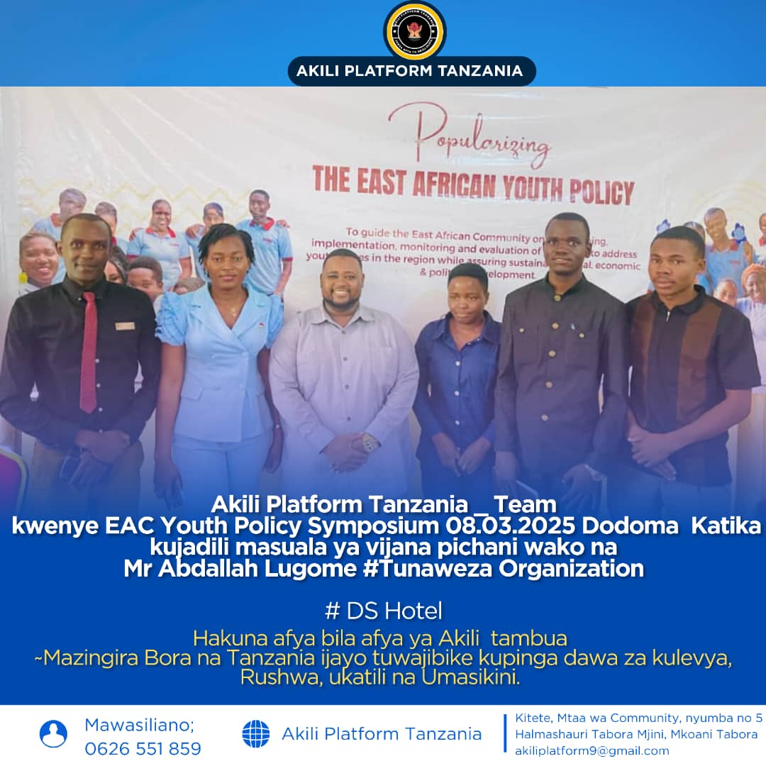 PlatformAkili's tweet photo. "Thank you @TunawezaOrg for inviting Akili Platform Tanzania to the EAC Youth Policy Symposium in Dodoma. Our 6 youth representatives gained valuable insights and connections. Together, we are building a stronger future for East African youth @SuluhuSamia @AYCommission https://t.co/iYx4nFsUjp