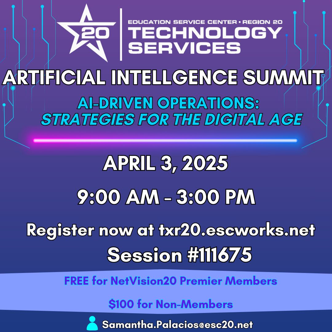 ESCRegion20's tweet image. AI isn&apos;t just for students; it&apos;s also for you! Join our annual AI Summit for K-12 tech and education leaders to discover how AI can streamline operations, automate tasks, and improve workflows. Space is limited—reserve your spot today! Register now: buff.ly/oKSD7i6