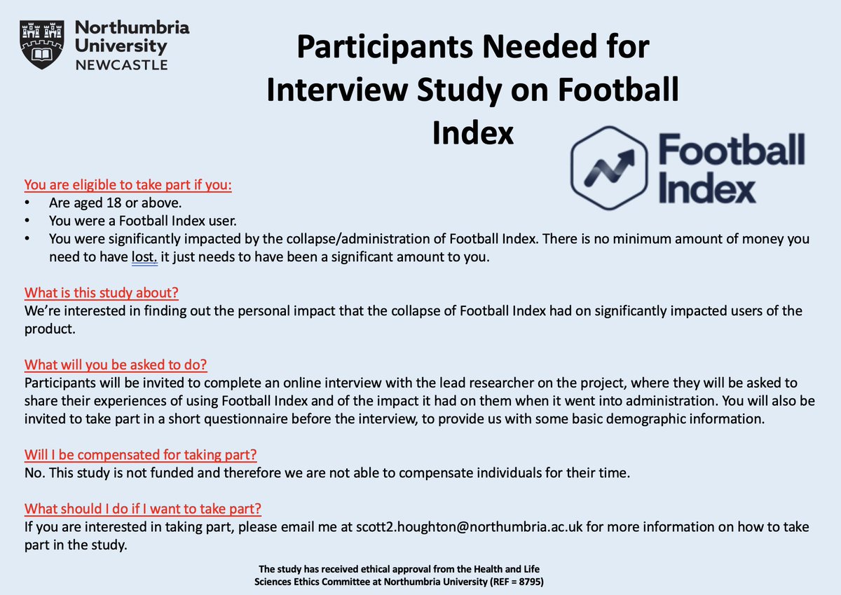 Scott Houghton (@scotthoughton73) on Twitter photo #FootballIndex I'm looking for individuals who were significantly impacted by the collapse of Football Index to take part in an interview to discuss the personal harm it caused them. Please email me at scott2.houghton@northumbria.ac.uk if you are interested in taking part. #FootballIndex I'm looking for individuals who were significantly impacted by the collapse of Football Index to take part in an interview to discuss the personal harm it caused them. Please email me at scott2.houghton@northumbria.ac.uk if you are interested in taking part.