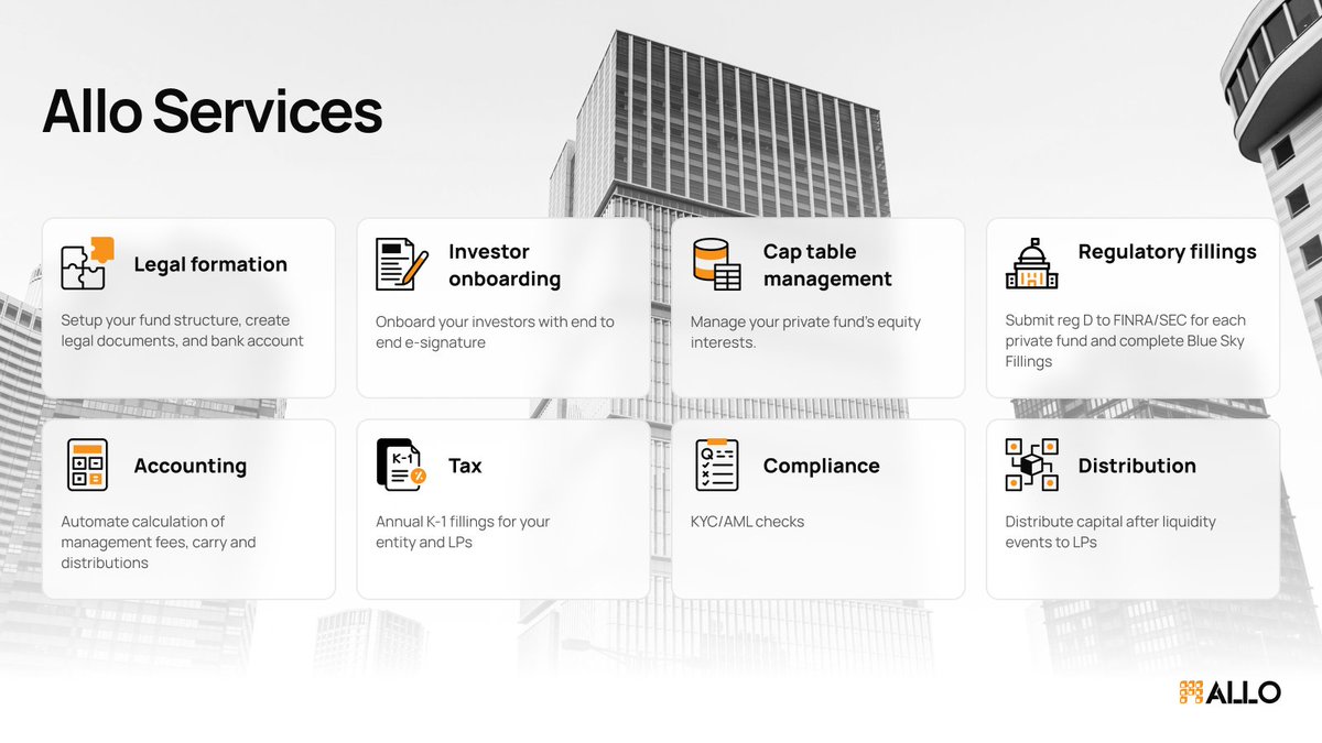 Managing a fund is complex, but Allo makes it straightforward. 

From legal formation and investor onboarding to compliance and capital distributions, we’ve got you covered. 

Let us simplify the process for you - allo.xyz