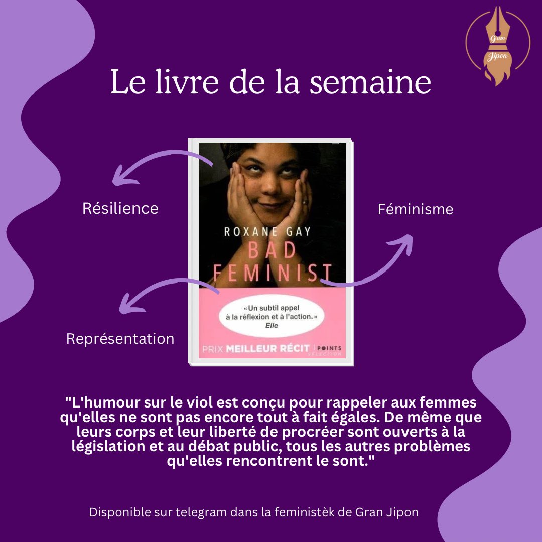 📚🔥 Bad Feminist de Roxane Gay est dispo sur le Féministèk de Gran Jipon ! Si tu veux une lecture qui déchire et qui te fait réfléchir sur le féminisme, c'est par ici. Rejoins-nous sur telegram et récupère ton exemplaire via ce lien : t.me/+0OSmPuUFZRAwY… 💥 #Féministèk