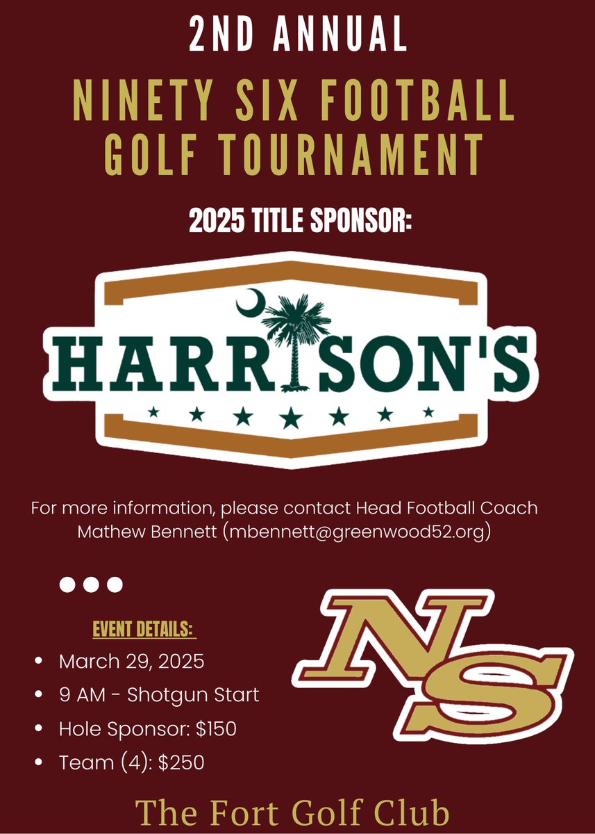 Excited to have <a href="/HarrisonsUsa/">Harrison’s</a> on as our title sponsor for the 2nd annual <a href="/NSFootball96/">NSFootball96</a> golf tournament! Y’all get you a team and come on out on the 29th! #R2W