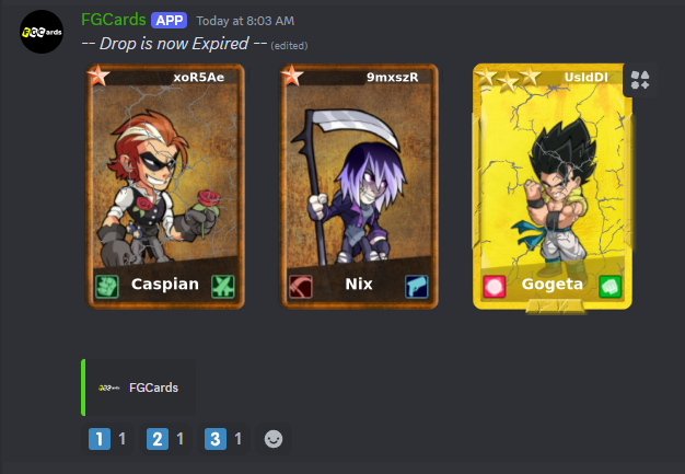Fgcards101's tweet photo. Game update
- pack cards should start to NOT count towards collection points
- Various bugs fixes with collecting card
-  please use the /bdropchannel command (if you have server permissions)  so that the bot can drop cards every 30 mins https://t.co/cuprQNq5wl