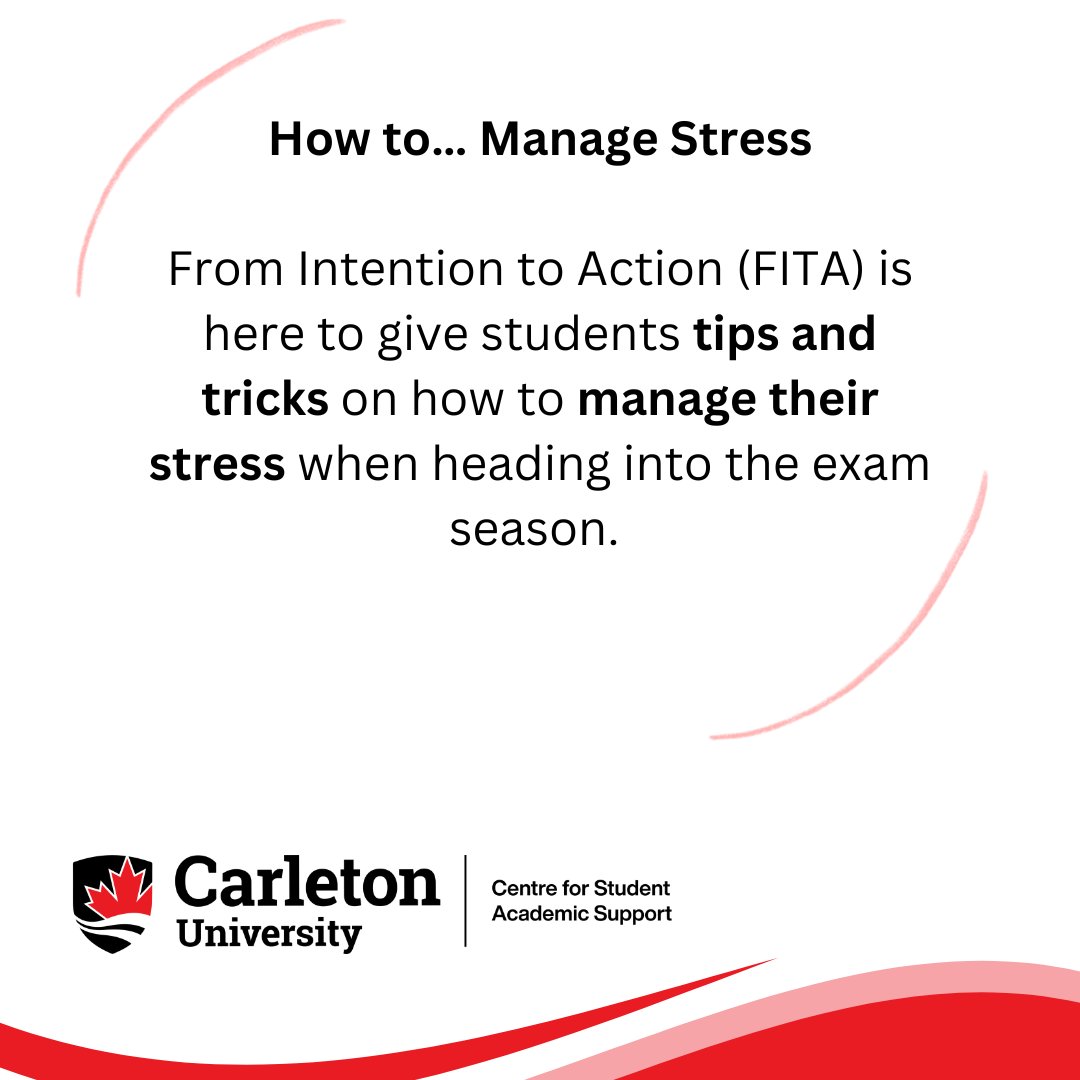 CarletonU_CSAS's tweet image. How to... Manage your Stress

Visit our guests, From Intention to Action (FITA), this Wed for all their tips and tricks to help you manage your stress during the exam season!

When: Mar 12; 12-1pm
Where: 402 ML

CU there! :)