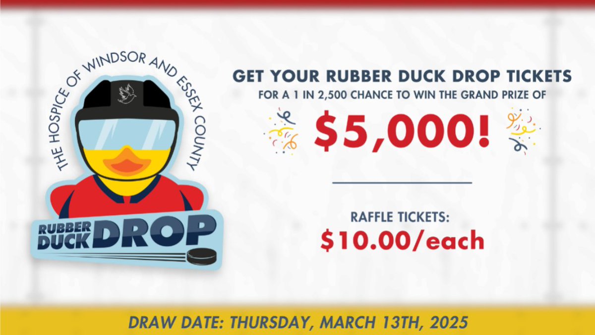 AM800 CKLW (@am800cklw) on Twitter photo Get your duck & support <a href="/HospiceWindsor/">The Hospice of Windsor and Essex County</a>!
2,500 rubber ducks will drop from the rafters at the WFCU Centre after the Windsor Spitfires game this Thursday! The duck that lands closes to centre ice wins the GRAND PRIZE of $5,000!
Get your tickers at bit.ly/4ieY2aT! Get your duck & support <a href="/HospiceWindsor/">The Hospice of Windsor and Essex County</a>!
2,500 rubber ducks will drop from the rafters at the WFCU Centre after the Windsor Spitfires game this Thursday! The duck that lands closes to centre ice wins the GRAND PRIZE of $5,000!
Get your tickers at bit.ly/4ieY2aT!