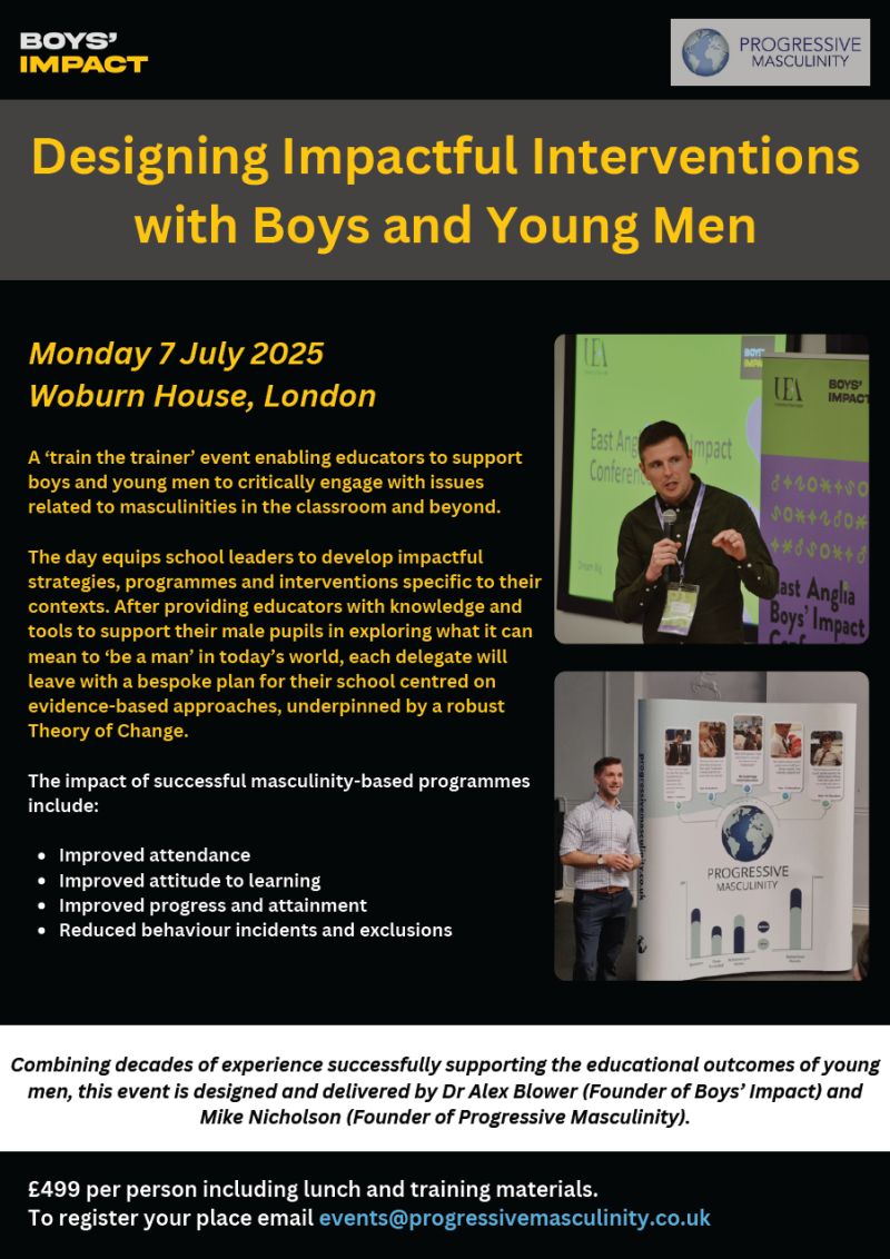 Progressive Masculinity (@progressivemasc) on Twitter photo Extremely excited to launch our first 'Train The Trainer' event, combining the experise of Dr Alex Blower and the work of Progressive Masculinity. Our vision is to equip school leaders with the knowledge, tools & strategies they need to support the boys/young men in their care. Extremely excited to launch our first 'Train The Trainer' event, combining the experise of Dr Alex Blower and the work of Progressive Masculinity. Our vision is to equip school leaders with the knowledge, tools & strategies they need to support the boys/young men in their care.