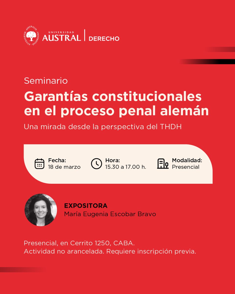 🔜 El 18/3 te invitamos a participar del 𝗦𝗲𝗺𝗶𝗻𝗮𝗿𝗶𝗼 &gt; Garantías constitucionales en el proceso alemán. Una mirada desde la perspectiva del THDH. 🇩🇪

📍Presencial en Sede Austral Caba.

🎙️ María Eugenia Escobar Bravo 

📌Registrate

👉 cuf4.short.gy/3rI6eJ