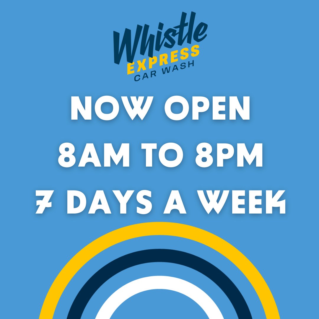 We’ve Sprung Forward! ⏰ Daylight Saving Time has begun, and our new hours are now in effect!

🚗 8 AM - 8 PM, 7 days a week 🚗

More time to keep your car shining—stop by and see us! #SpringForward #WhistleExpress