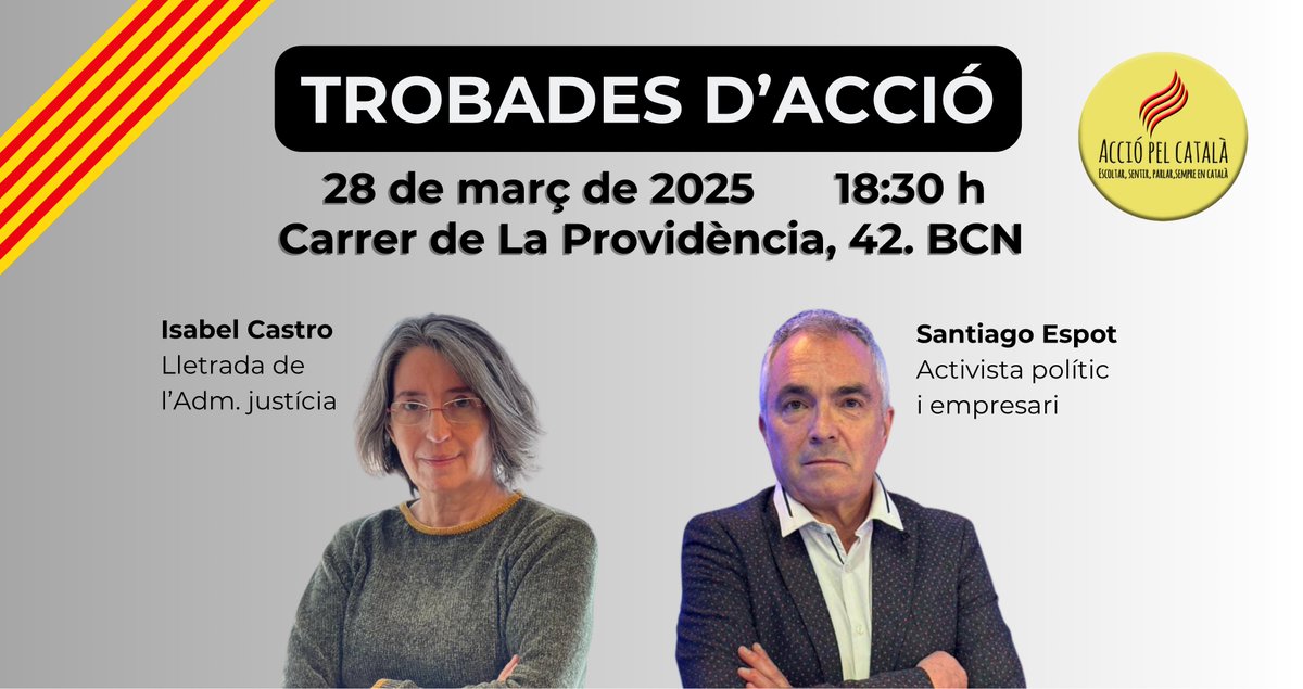 Dissident 🏴 (@ngelmeres) on Twitter photo Veniu a la seu d’<a href="/acciopelcatala/">Associació Acció pel català</a> i agafeu-vos fort de la cadira. Aquest tàndem farà trontollar les consciències de més d’un. Xalarem!
Recordeu, l’entrada és de franc i el primer que arriba, el primer que seu. Veniu a la seu d’<a href="/acciopelcatala/">Associació Acció pel català</a> i agafeu-vos fort de la cadira. Aquest tàndem farà trontollar les consciències de més d’un. Xalarem!
Recordeu, l’entrada és de franc i el primer que arriba, el primer que seu.