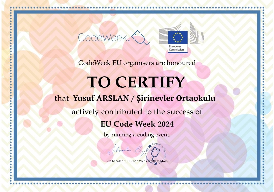sirinevler_47's tweet image. Şirinevler Ortaokulu olarak CodeWeek 2024 kapsamındaki TalentCup etkinliklerine katılarak öğrencilerimizle kodlama ve algoritma çalışmaları gerçekleştirdik.
Katılım sertifikamızı almaktan gurur duyuyoruz!
#CodeWeek2024 #TalentCup #Kodlama #Algoritma