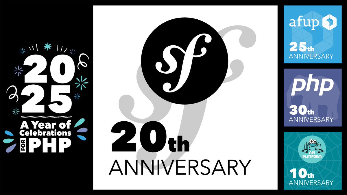 Symfony (@symfony) on Twitter photo 2025, what a year for the PHP community! 🎉
30 years of #PHP, 25 years of #AFUP, 20 years of #Symfony, 10 years of <a href="/ApiPlatform/">API Platform</a> – let’s celebrate together!
🎂 Join <a href="/afup/">AFUP</a>, <a href="/sensiolabs/">SensioLabs</a>, <a href="/coopTilleuls/">Les-Tilleuls.coop</a> & Symfony this year’s events for special talks, retrospectives, and more! 🫶 2025, what a year for the PHP community! 🎉
30 years of #PHP, 25 years of #AFUP, 20 years of #Symfony, 10 years of <a href="/ApiPlatform/">API Platform</a> – let’s celebrate together!
🎂 Join <a href="/afup/">AFUP</a>, <a href="/sensiolabs/">SensioLabs</a>, <a href="/coopTilleuls/">Les-Tilleuls.coop</a> & Symfony this year’s events for special talks, retrospectives, and more! 🫶