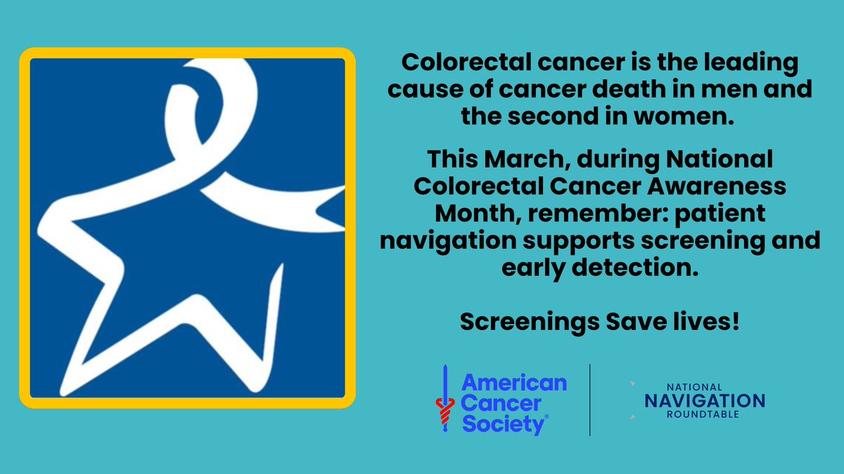 March is Colorectal Cancer Awareness Month. Patient navigation advances health equity by increasing screening in underserved populations. View NNRT's archived Community Guide Webinar: navigationroundtable.org/news/acs-nnrt-… #ColorectalCancerAwareness #PatientNavigation #ACSNNRT