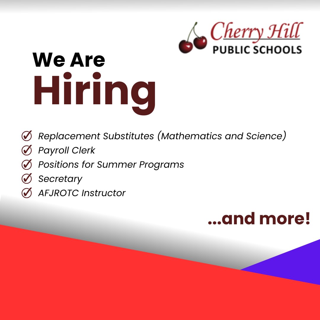 WE are hiring for several open positions across Cherry Hill Public Schools: 
applitrack.com/cherryhill/onl…