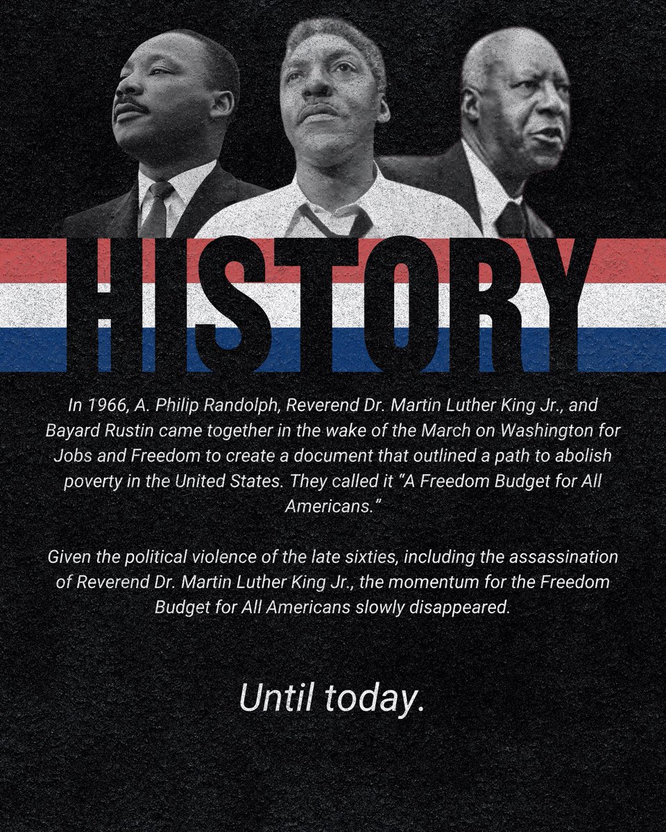 StrikeForAll's tweet image. 🚨ANNOUNCEMENT🚨
Today, we are releasing our Freedom Budget for All Americans, a 9-pillar outline to eradicate poverty.
The original Freedom Budget for All Americans was created by A. Philip Randolph, Rev. Dr. Martin Luther King Jr., & Bayard Rustin.
Full Freedom Budget 🧵