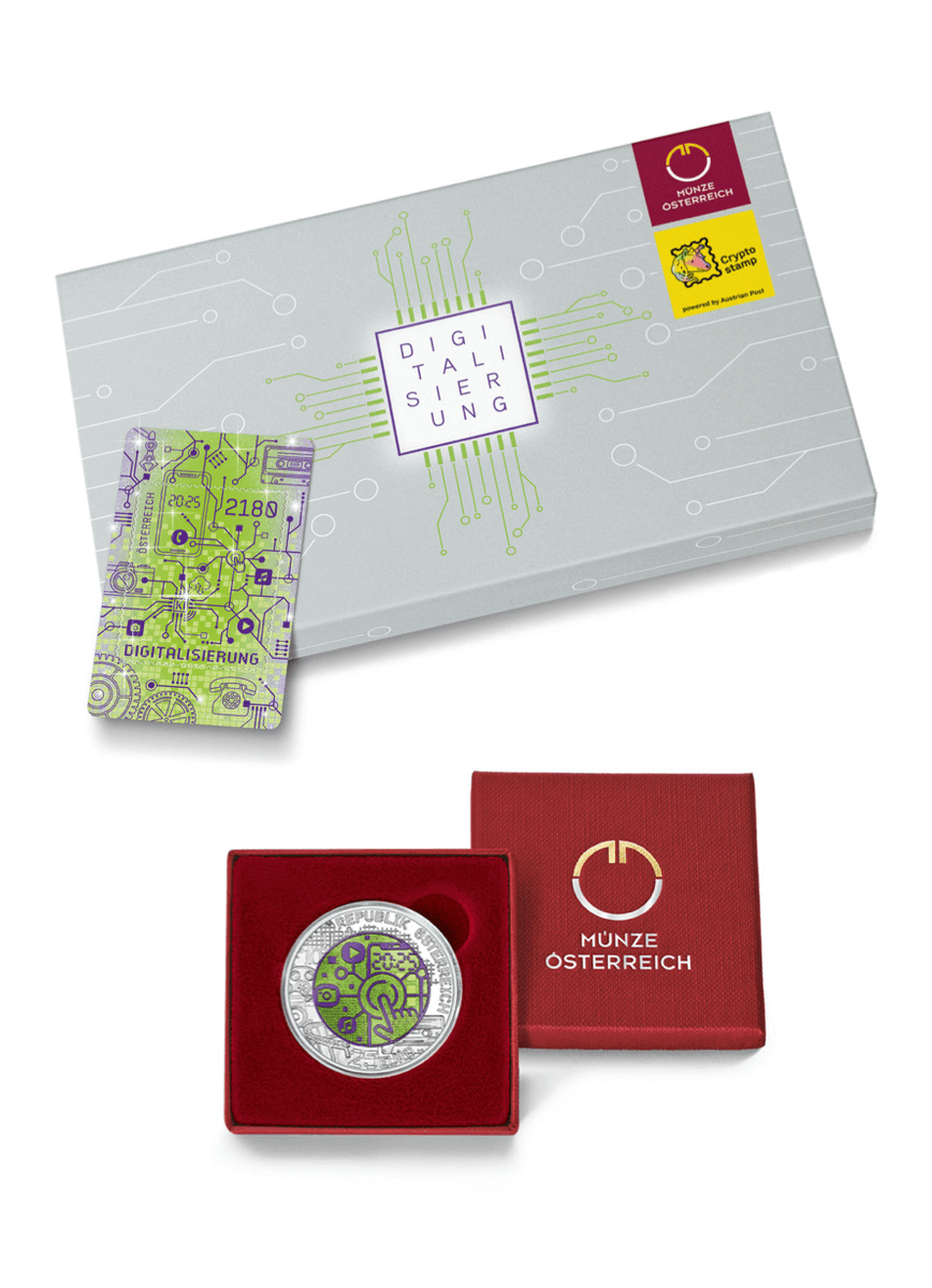 Set: Silver Niobium Coin &amp; Crypto stamp Digitalisation!  The exclusive set, consisting of the ‘Digitalisation’ Crypto stamp and  the matching 25 Euro Silver Niobium Coin from Münze Österreich AG, is  limited to just 5.000 pieces. This unique physical stamp contains real  silver