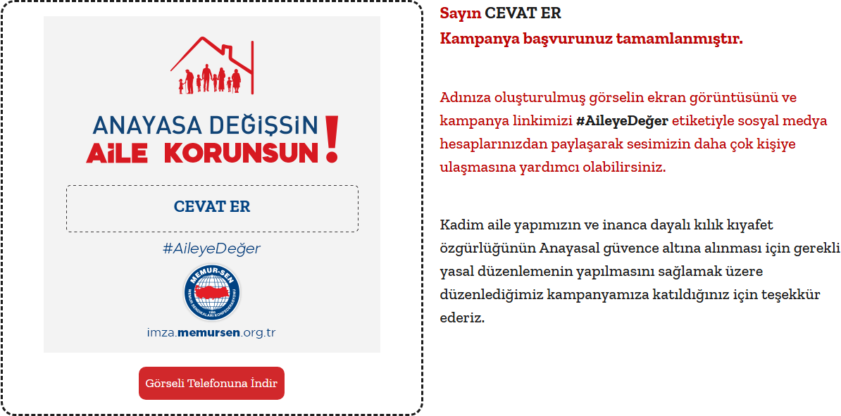 Memur-Sen Genel Merkezimizin başlattıkları "Aile Yılında Anayasa Değişsin, Aile Korunsun" ifadeli dilekçeyi T.B.M.M Başkanlığına sunulmak üzere imzalayarak kampanyaya katılım sağladık.
#AileyeDeğer
imza.memursen.org.tr