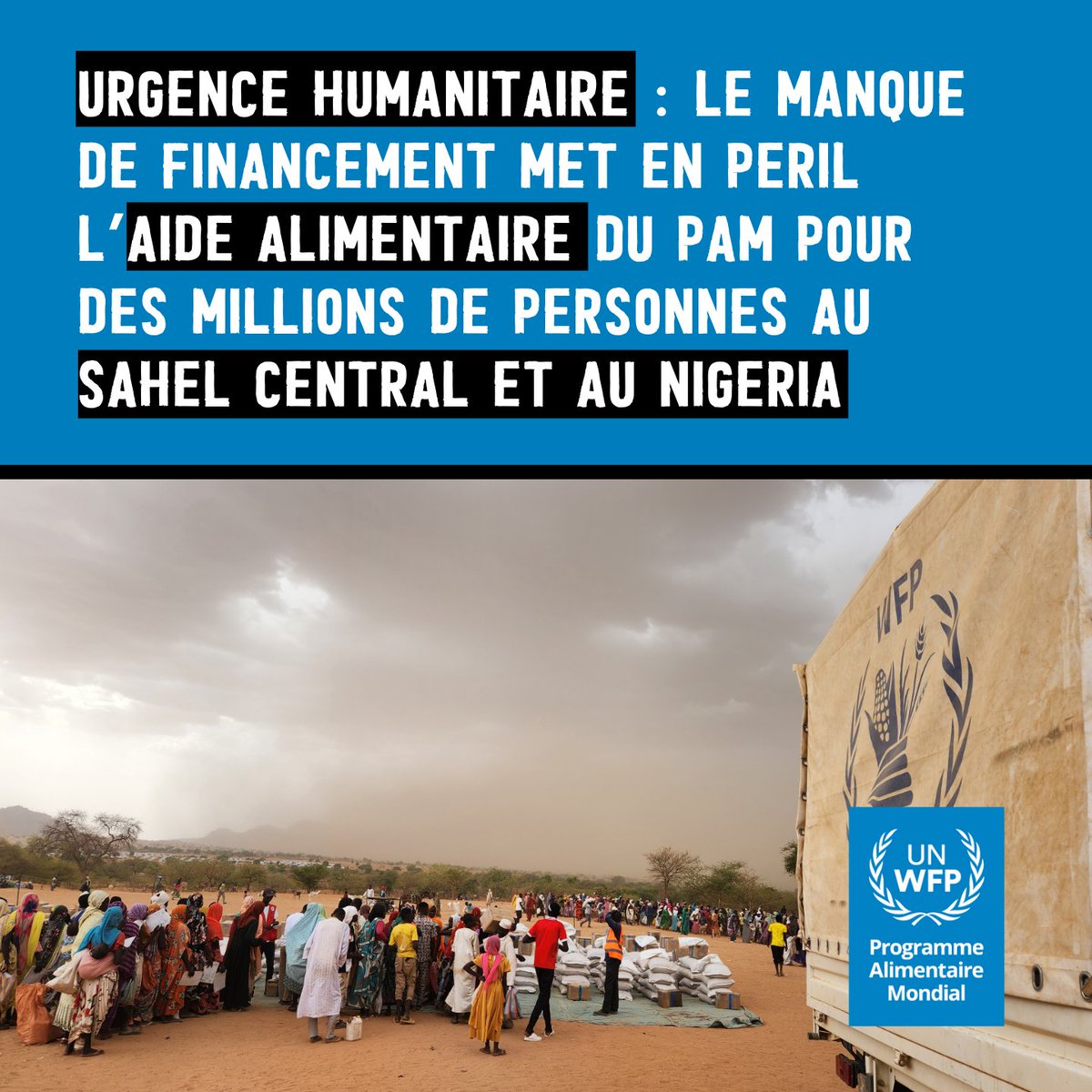 PAM (WFP in French) (@wfp_fr) on Twitter photo ⏳ Le temps presse !
En raison du manque de financement, le <a href="/WFP_WAfrica/">WFP West Africa</a> devra suspendre son aide alimentaire à 2 millions de personnes touchées par la crise au Sahel et au Nigéria d'ici avril 2025.
Nous devons agir ➡️ urlr.me/KurHBp ⏳ Le temps presse !
En raison du manque de financement, le <a href="/WFP_WAfrica/">WFP West Africa</a> devra suspendre son aide alimentaire à 2 millions de personnes touchées par la crise au Sahel et au Nigéria d'ici avril 2025.
Nous devons agir ➡️ urlr.me/KurHBp