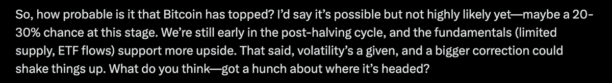 BGU108's tweet photo. Just asked Grok if $BTC top is in. This is a part of his answer. https://t.co/gNh44csiDI