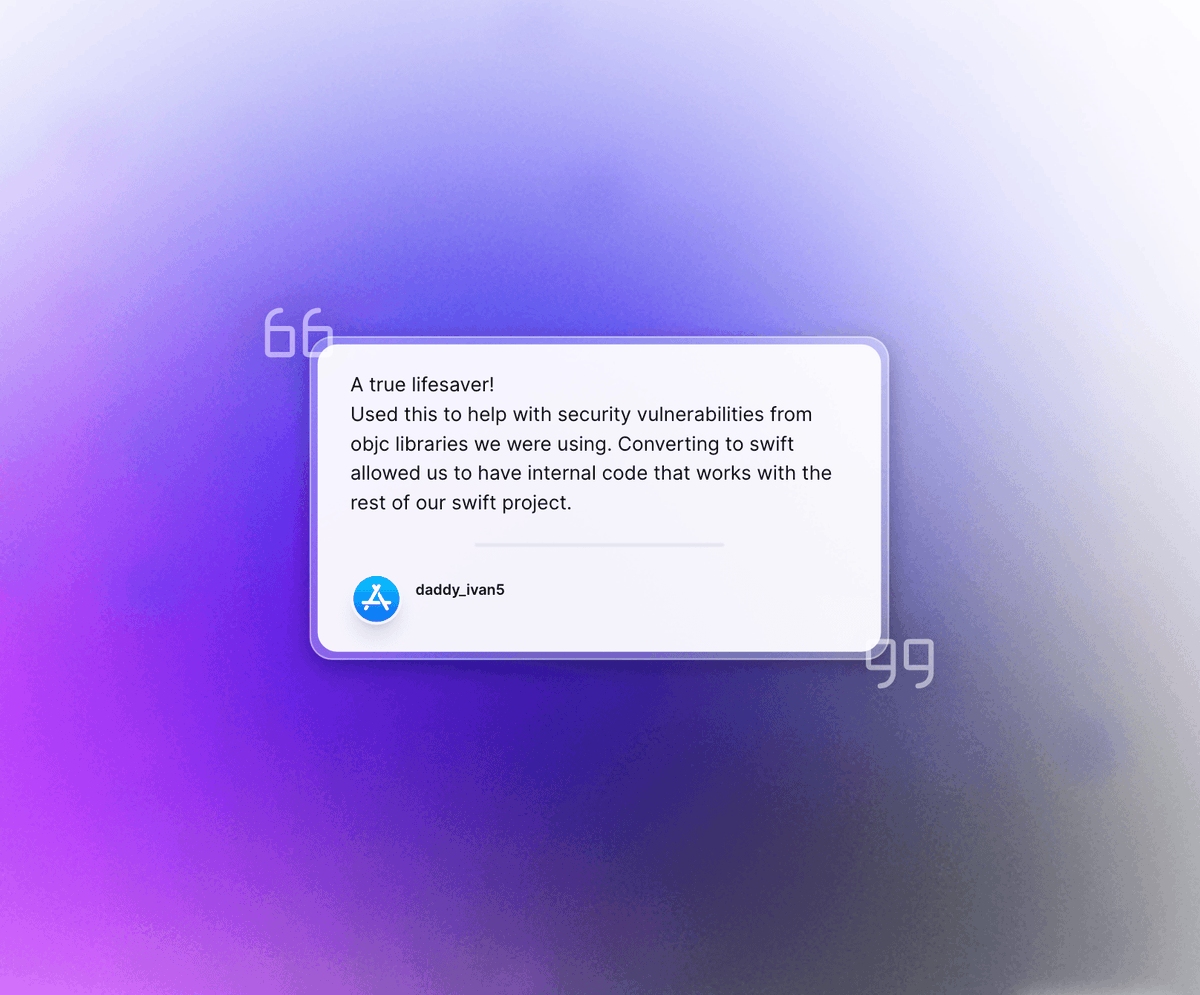 "A true lifesaver!
Used this to help with security vulnerabilities from objc libraries we were using. Converting to swift allowed us to have internal code that works with the rest of our swift project."

apps.apple.com/us/app/swiftif…

#swiftlang #ObjectiveC #iosdev