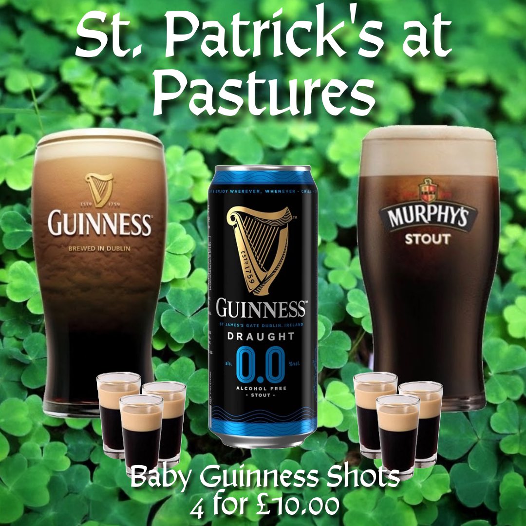 ☘️ St. Patrick's Weekend at Pastures ☘️

We're celebrating this weekend with The Leathernecks joining us Friday night, playing over 2 hours of live music, along with pie &amp; peas, disco, plenty of Guinness, Murphy's and shots of Baby Guinness 4 for £10.00!