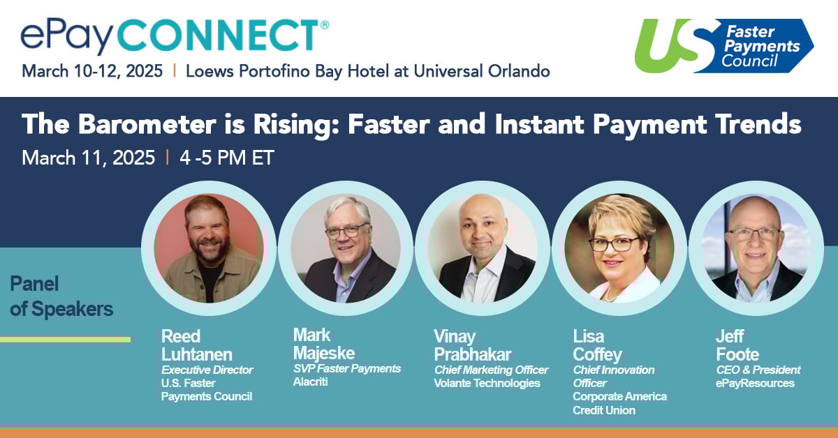 Volante Technologies (@volantetech) on Twitter photo Heading to #ePayConnect2025? Join <a href="/Faster_Payments/">Faster Payments Council</a>’ Reed Luhtanen moderating the panel session, “The Barometer is Rising: Faster and Instant Payment Trends,” with FPC Members Mark Majeske, Vinay Prabhakar, Lisa Coffey, and Jeff Foote on March 11 at 4:00pm: eu1.hubs.ly/H0hnZPg0 Heading to #ePayConnect2025? Join <a href="/Faster_Payments/">Faster Payments Council</a>’ Reed Luhtanen moderating the panel session, “The Barometer is Rising: Faster and Instant Payment Trends,” with FPC Members Mark Majeske, Vinay Prabhakar, Lisa Coffey, and Jeff Foote on March 11 at 4:00pm: eu1.hubs.ly/H0hnZPg0