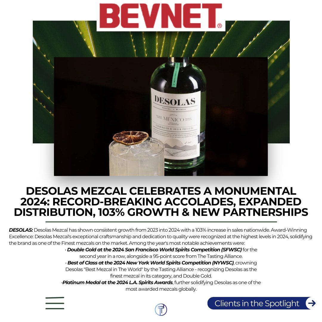 ExperienceTag's tweet image. Desolas Mezcal is making waves—103% sales growth, major awards, and a national SGWS deal. Desolas is taking center stage in @BevNET, with industry recognition and expansion paving the way for an even bigger 2025.
#AtTagYoureIt #Desolas #BevNet