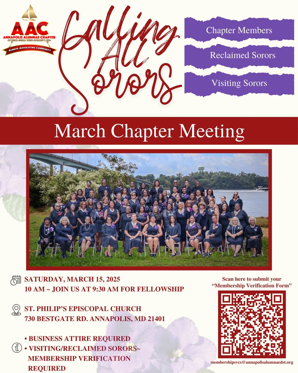 📣 Calling all Sorors!!! Our next chapter meeting is March 15, 2025 at 10am! 

If you’re new to the area and looking for a chapter home, look no further! 🔺

We look forward to seeing you!
#AnnapolisAlumnae
@EasternRegDST
@DST1913Inc