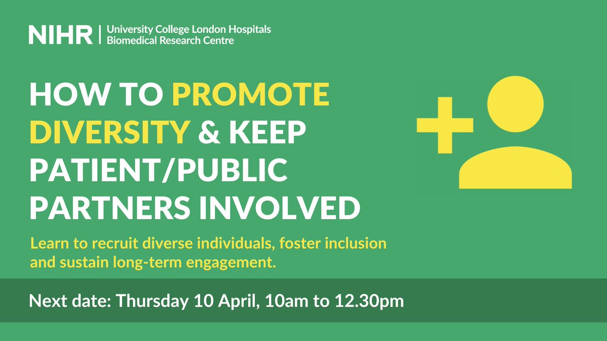 NIHR UCLH Biomedical Research Centre (@uclhresearch) on Twitter photo Inclusive research starts with diverse voices.
Our workshop will equip you with practical strategies to recruit, support, and sustain meaningful partnerships with diverse patient/public contributors.
📆 10 April, 10am to 12.30pm
🖥️ Online
Sign up now ⬇️
uclhospitals.brc.nihr.ac.uk/involving-pati… Inclusive research starts with diverse voices.
Our workshop will equip you with practical strategies to recruit, support, and sustain meaningful partnerships with diverse patient/public contributors.
📆 10 April, 10am to 12.30pm
🖥️ Online
Sign up now ⬇️
uclhospitals.brc.nihr.ac.uk/involving-pati…