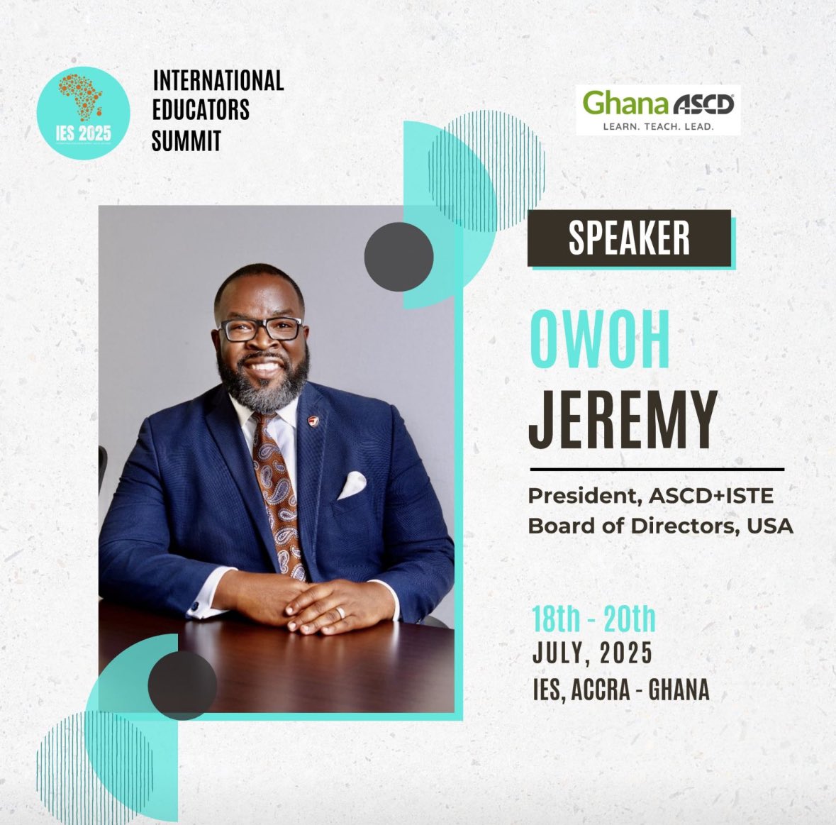 Jeremy S. Owoh, EdD (@drjay_06) on Twitter photo Excited to join educational leaders from across the world @IES2025 in Ghana! @ascdghana Excited to join educational leaders from across the world @IES2025 in Ghana! @ascdghana