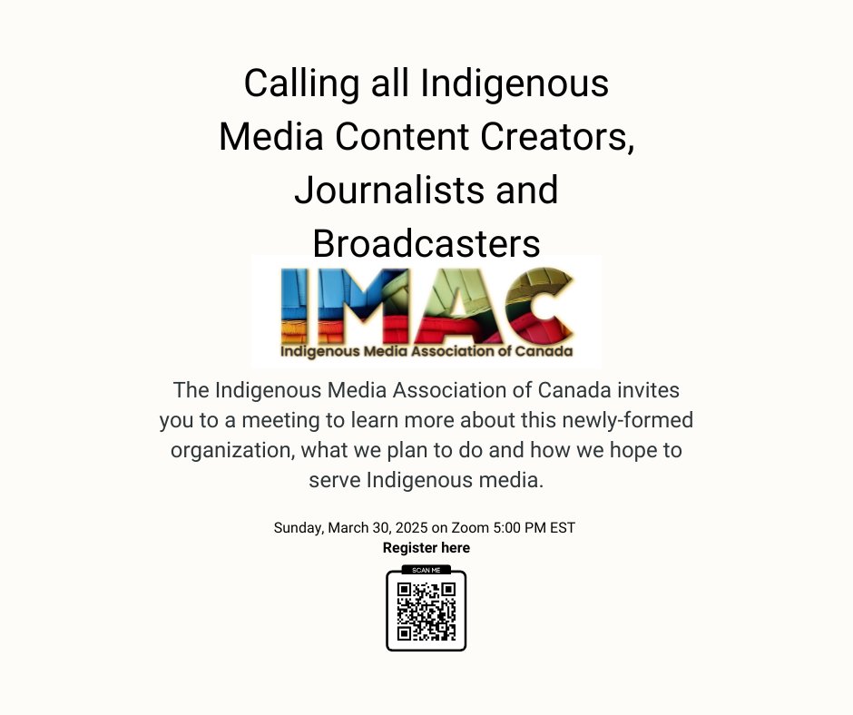 Calling all Indigenous journalists, broadcasters and media creators!

📅 Date: Sunday, March 30th
🕒 Time: 5pm Eastern
📍 Online via Zoom

➡️ Register Here: lnkd.in/gjXkFvs8