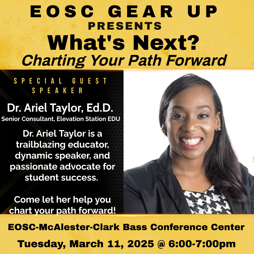 📢This is tomorrow!!! Join us to listen to and be motivated by Dr. Ariel Taylor at the EOSC-McAlester Campus at 6:00 pm. You won't be disappointed!! It is free to attend!