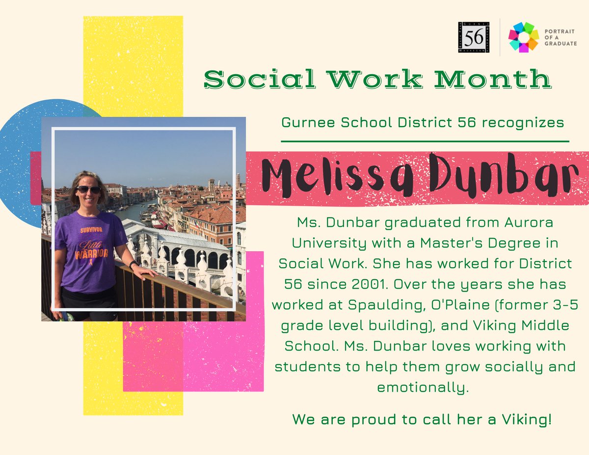 Gurnee School District 56 is excited to share an employee spotlight with you! 

Ms. Melissa Dunbar Viking Middle School - Social Worker.

Thank you for all the hard work you do!