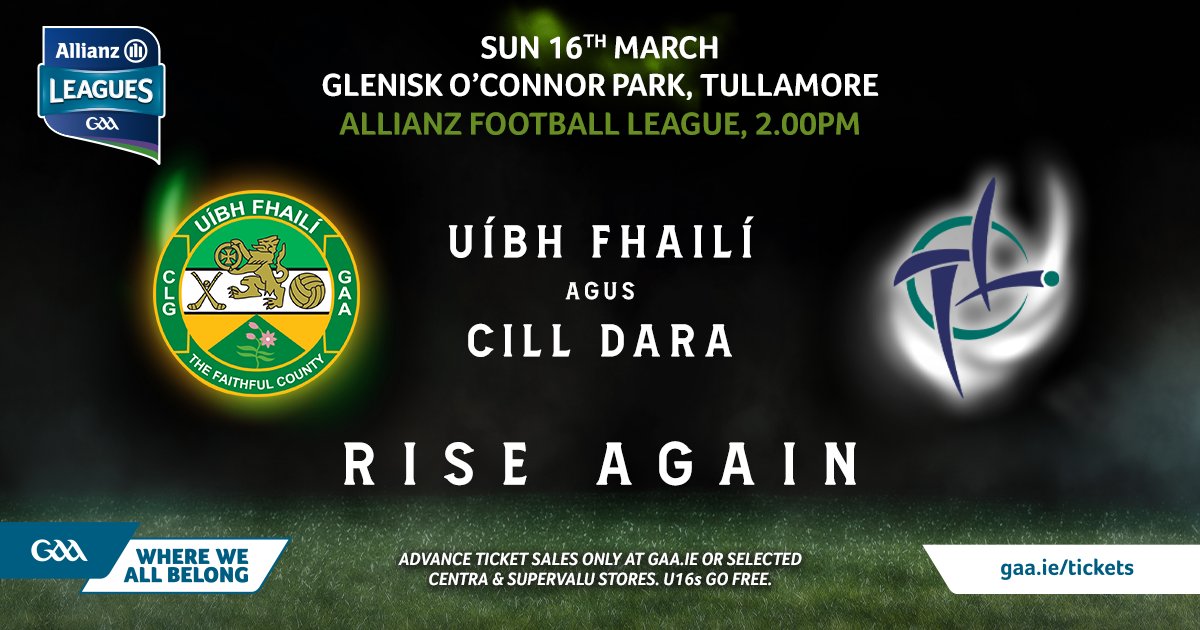 KildareGAA's tweet photo. This Sunday, our Senior Footballers travel to Tullamore for a very important game against Offaly, in Round 6 of the Allianz League.

Lets keep the support going for the players and management!

Advanced ticket sales on: https://t.co/nZgUlyl0OL
Tickets also available in selected Centra and SuperValu Stores.

@bradyfamilyham  #AllianzLeagues #RiseAgain #upthelilywhites @Offaly_GAA