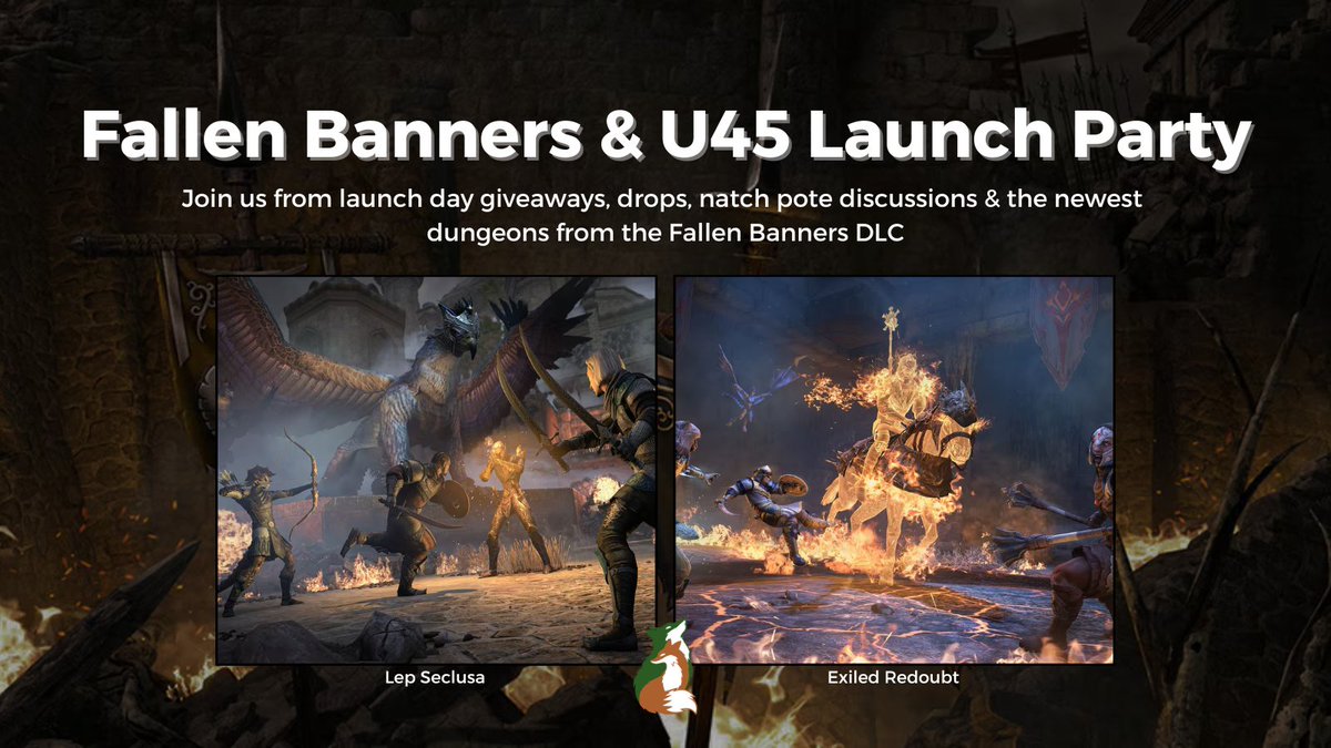 MrsNineTales's tweet image. Join us tonight on Twitch for a @TESOnline Fallen Banners launch party! We'll be joined by @yickythemando &amp;amp; @Belrialan for dungeon runs of the 2 new dungeons - Lep Seclusa &amp;amp; Exiled Redoubt.

Plus, win ESO+ (PC only) to get access to the dungeons now! Stream starts at 7:30pm ET.