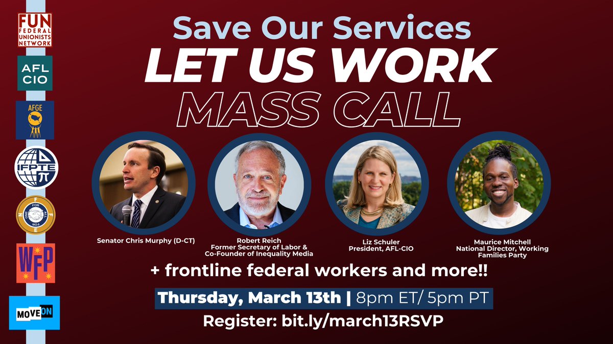 FedWorkersUtd's tweet photo. 🚨 Trump and Musk want to fire federal workers, gut public services, and hand our government to billionaires. We’re not letting that happen.

📢 Join us this Thursday at 8PM ET for a mass call to hear how we fight back—together. https://t.co/y2KdEr2VaW