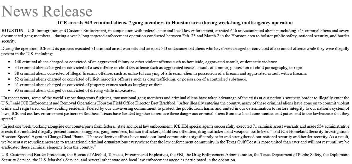BillMelugin_'s tweet photo. NEW: ICE Houston announces the arrests of 646 illegal aliens in a week-long operation in the Houston area. 543 of them were criminals, including 140 aggravated felons and 34 sex offenders. These are huge numbers for a single ICE office in one week. FBI, ATF, DEA, TXDPS, CBP, US Marshals, and the State Department's Diplomatic Security Service (DSS) all assisted @EROHouston with the operation.