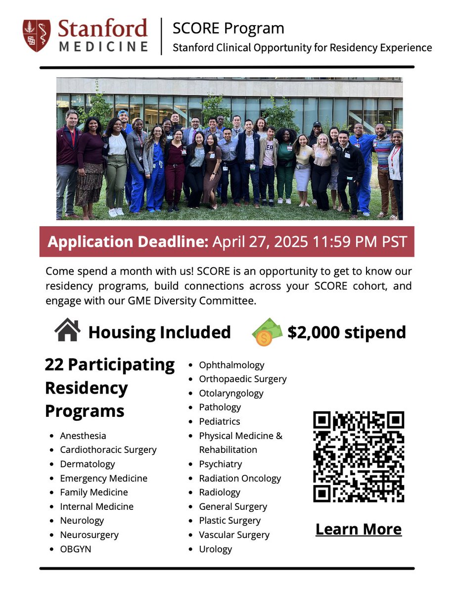 The SCORE Program at Stanford Medicine offers fourth-year medical students from diverse backgrounds hands-on clinical experience &amp; mentorship.

Apply for the 2025-26 academic year: bit.ly/43DIxF1