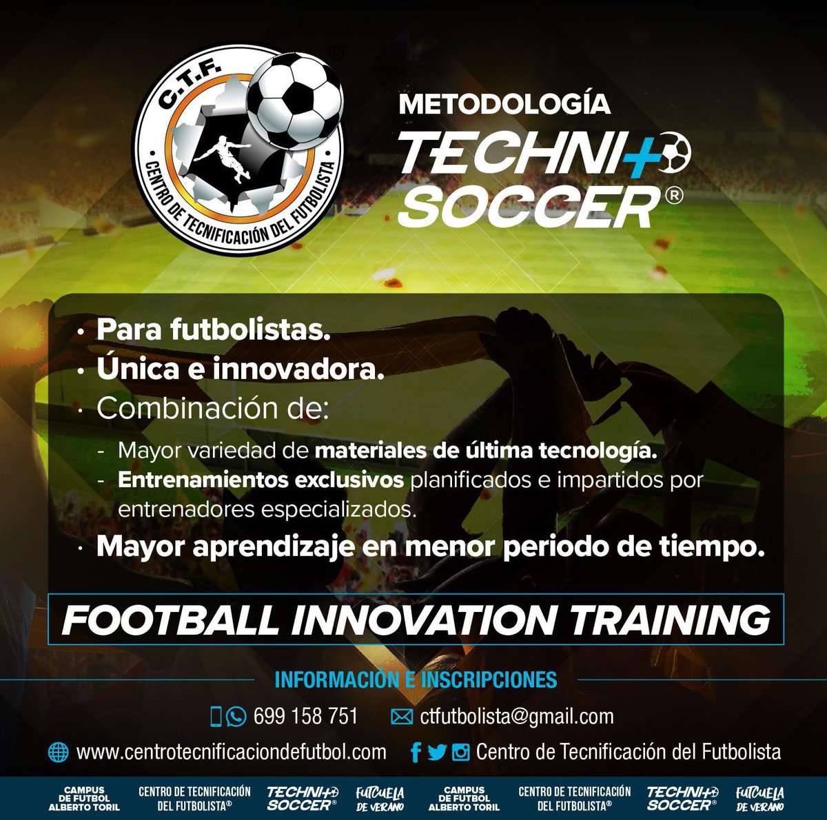 Futbolistas, ¿queréis mejorar vuestra técnica con nuestra exclusiva metodología?®️🫣

Consigue un mayor aprendizaje en un menor periodo de tiempo.⚽️💯

Acaba la temporada complementando la formación de tu equipo con nosotros.⚙️

🔹🔸TECHNISOCCER🔸🔹
Football Innovation Training