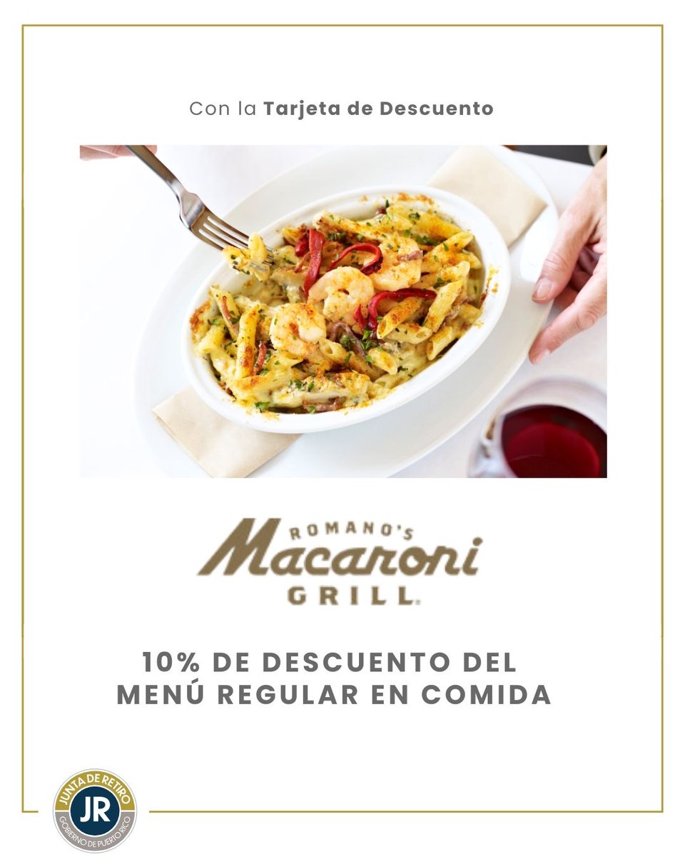TarjetadeRetiro's tweet photo. ¡Saborea una comida diferente en Romano's Macaroni Grill con descuento! 🍝

10% de descuento en todos los platos del menú regular ✨

Visítanos en cualquiera de nuestros restaurantes en Puerto Rico 🍴

Todo esto es gracias a @retiropr 

#JuntadeRetiro 
#CompraLocal 
#Pensionados https://t.co/PPjQ8Gh2OA