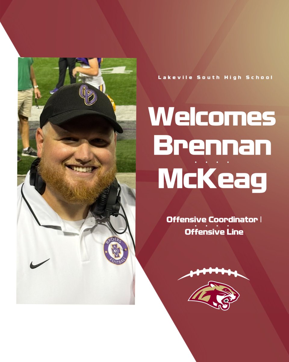 LSHSCougarsFB's tweet image. Lakeville South is excited to introduce Brennan McKeag as its new Offensive Coordinator. @BrennanMckeag joins the Cougars after serving in the same role at Cretin -Derham Hall and Apple Valley High School. Coach McKeag will also coach the offensive line.