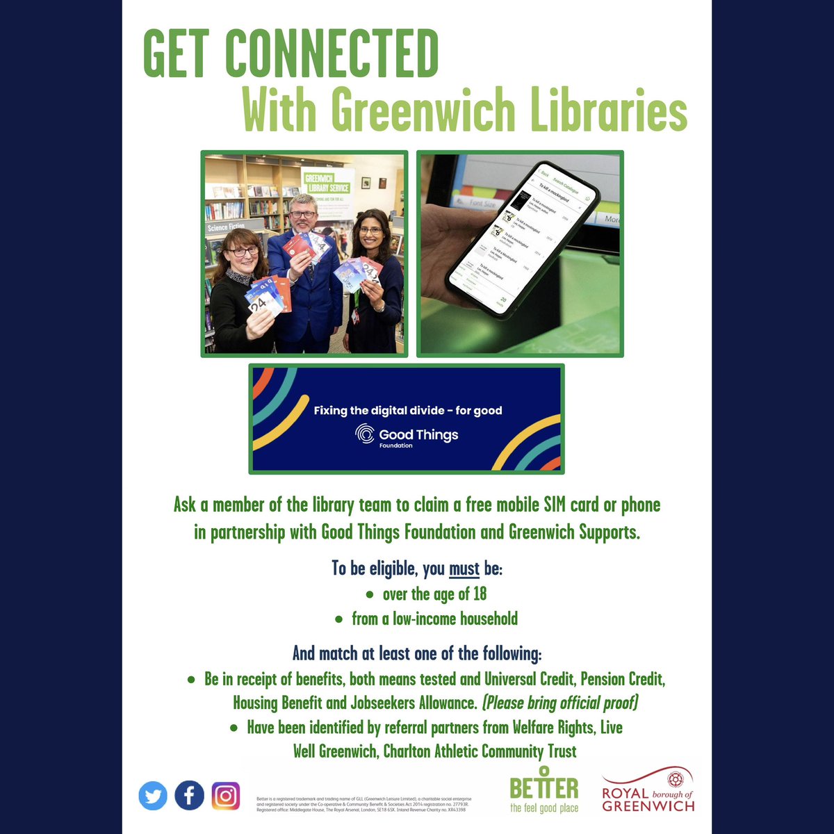 Ask a member of any #Greenwich #Library team to claim a free mobile SIM card or phone in partnership with Good Things Foundation and Greenwich Supports to prevent digital exclusion.
See the attached poster for more information on who is eligible 📞 <a href="/Royal_Greenwich/">Royal Borough of Greenwich</a>
